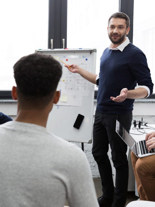 Business team discussing their ideas while working in office together